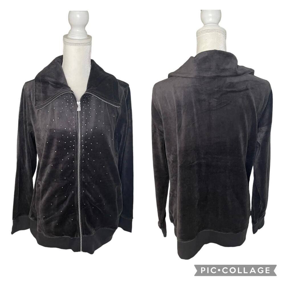 Christopher & Banks Y2K Velour Grey Zip Up Rhinestone Jacket Size Large - NWT